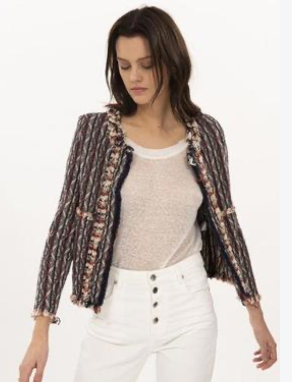 IRO Multicolor Tweed Fringe Jacket in Navy and Cream Size 36, Small